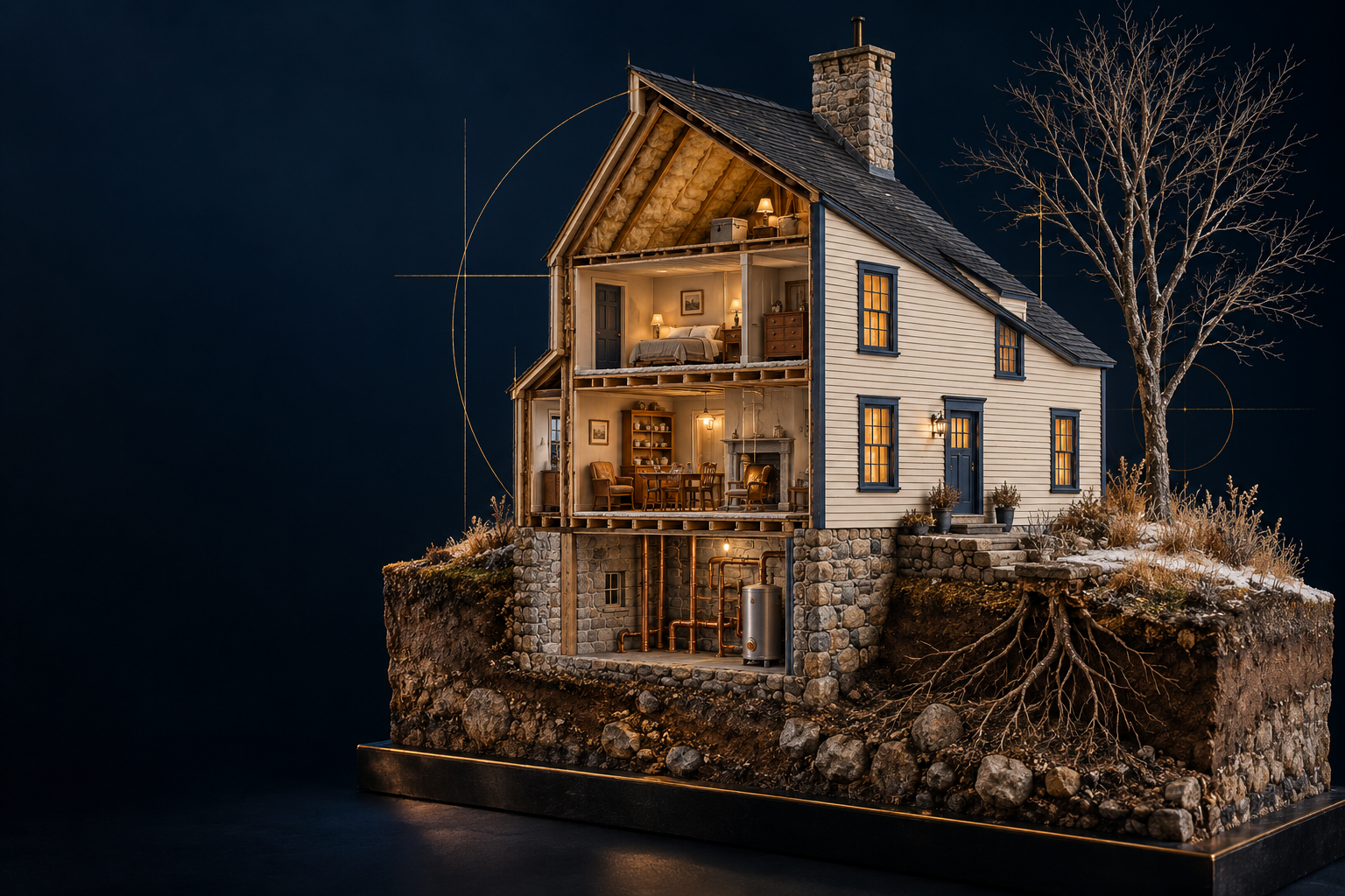 Architectural cutaway of a Connecticut saltbox with illuminated rooms and fieldstone foundations